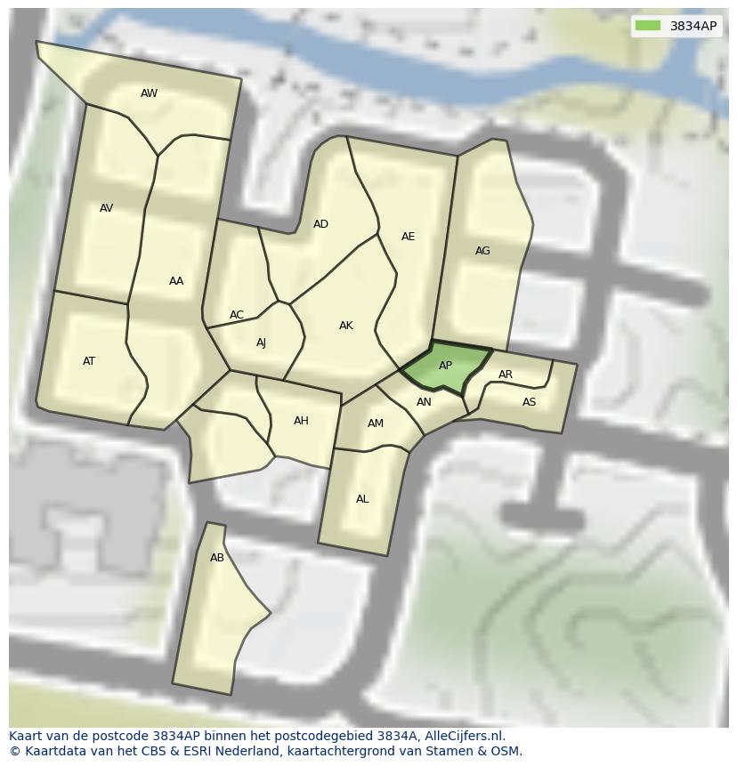 Afbeelding van het postcodegebied 3834 AP op de kaart.