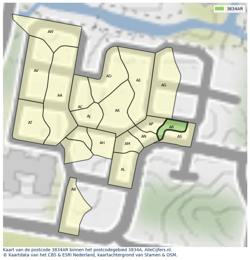 Afbeelding van het postcodegebied 3834 AR op de kaart.