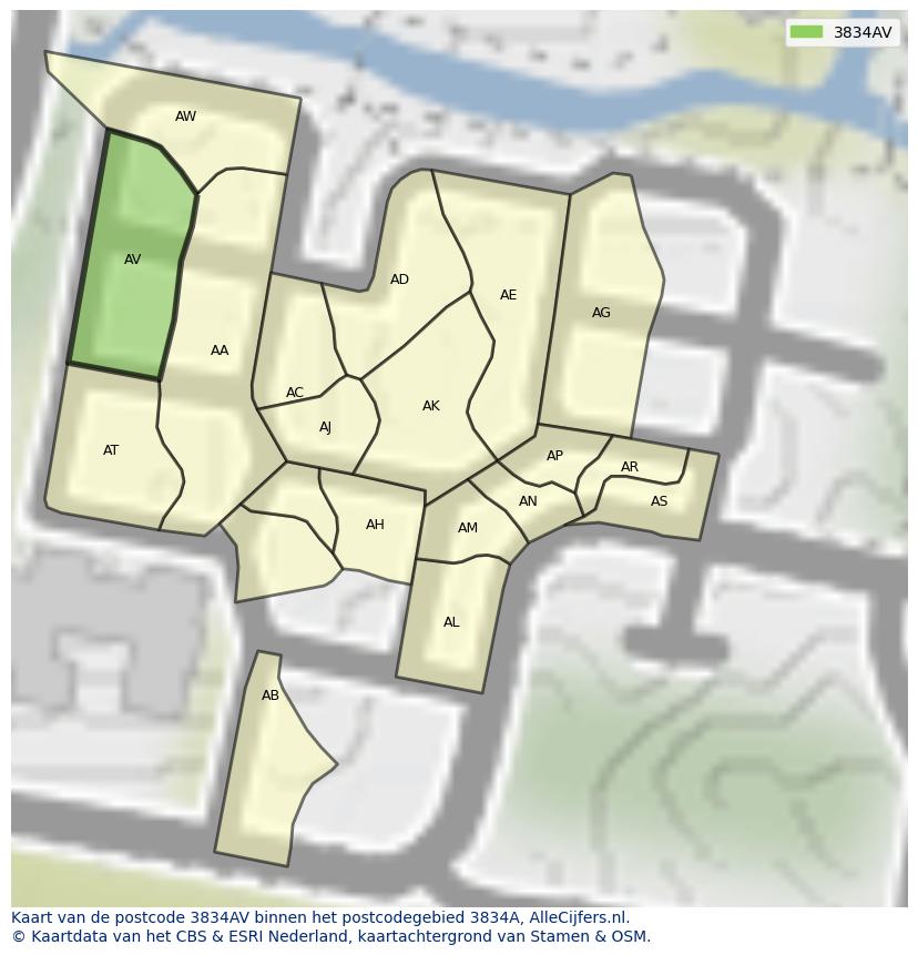 Afbeelding van het postcodegebied 3834 AV op de kaart.