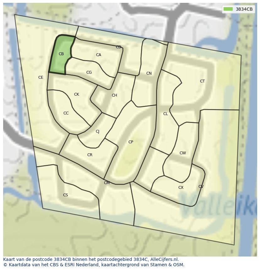 Afbeelding van het postcodegebied 3834 CB op de kaart.