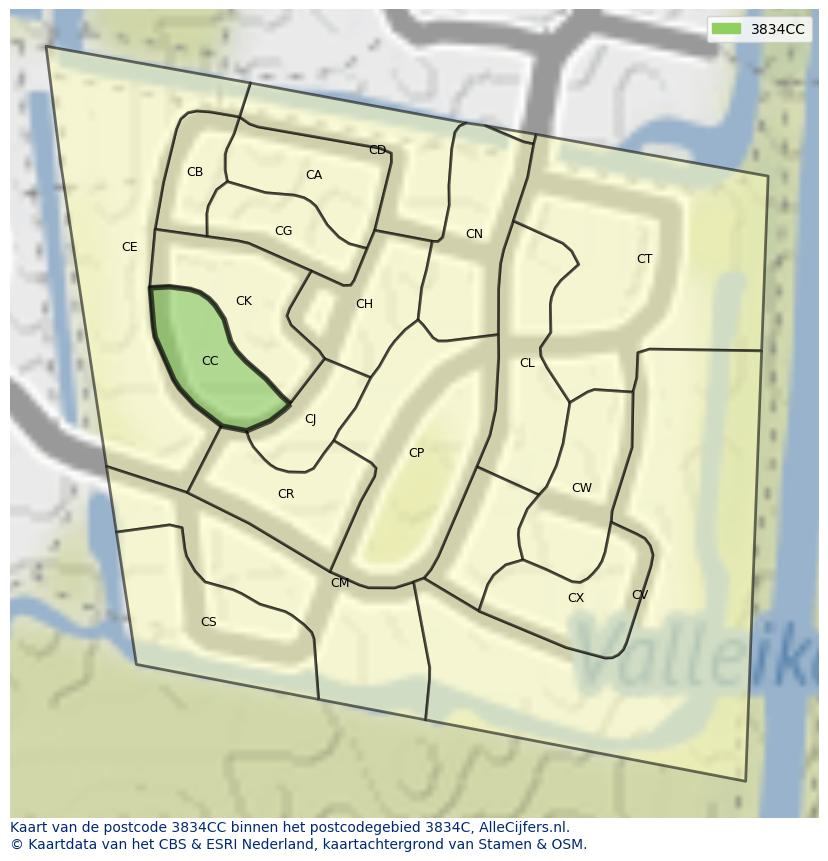 Afbeelding van het postcodegebied 3834 CC op de kaart.