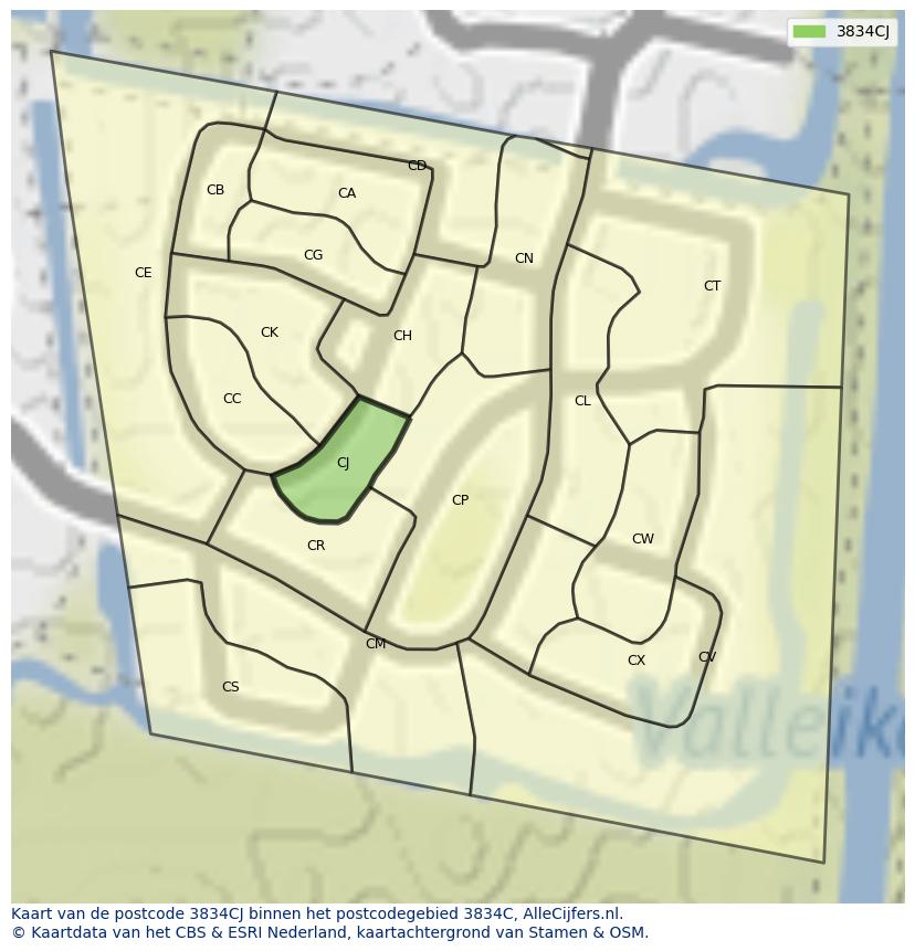 Afbeelding van het postcodegebied 3834 CJ op de kaart.