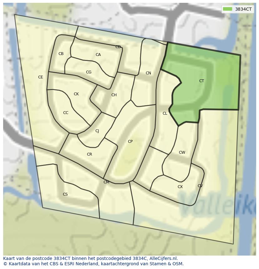 Afbeelding van het postcodegebied 3834 CT op de kaart.