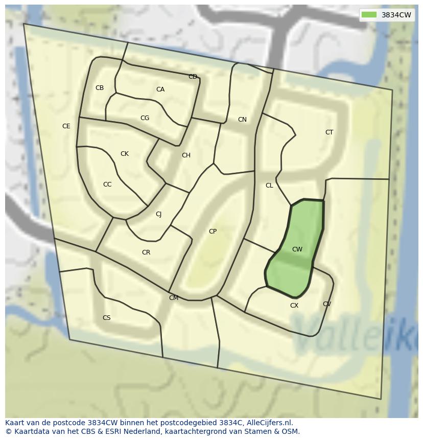 Afbeelding van het postcodegebied 3834 CW op de kaart.