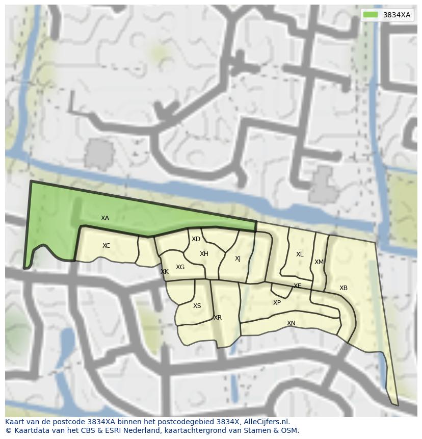 Afbeelding van het postcodegebied 3834 XA op de kaart.