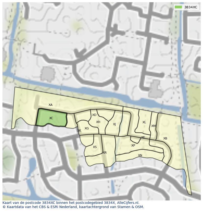 Afbeelding van het postcodegebied 3834 XC op de kaart.