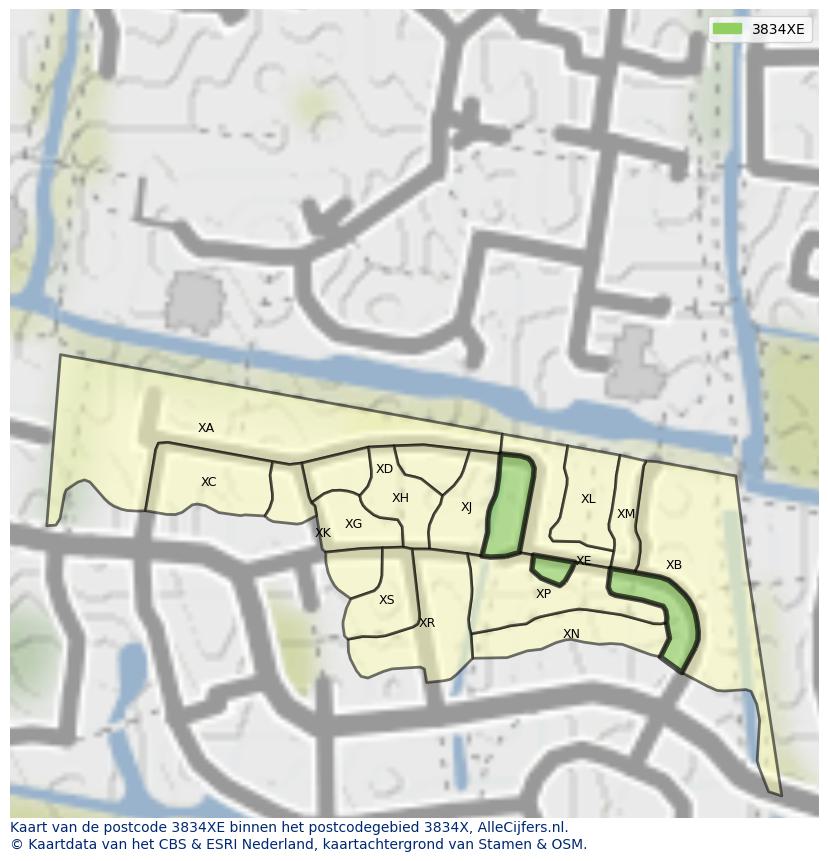 Afbeelding van het postcodegebied 3834 XE op de kaart.