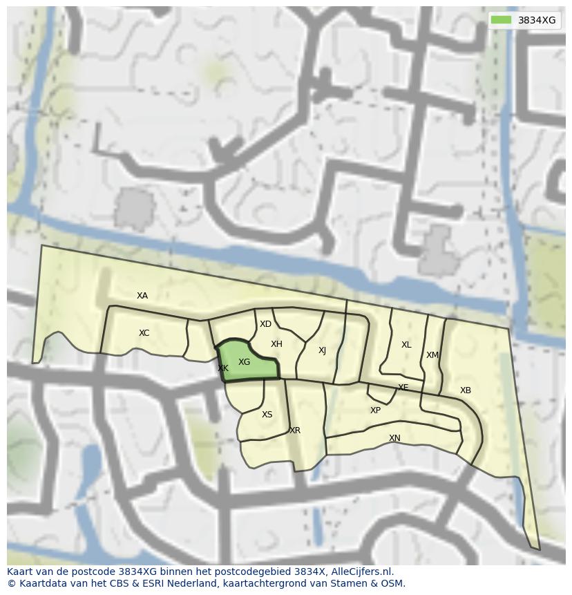 Afbeelding van het postcodegebied 3834 XG op de kaart.