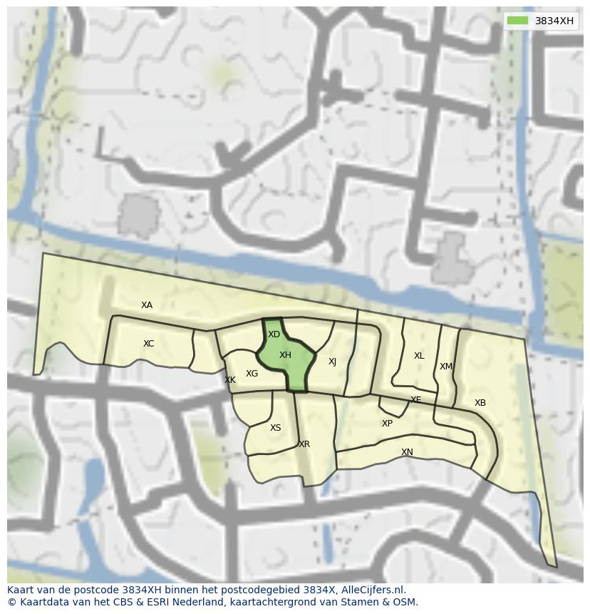 Afbeelding van het postcodegebied 3834 XH op de kaart.