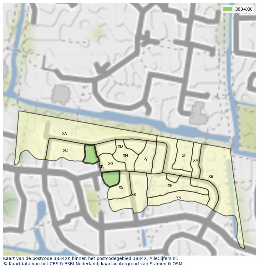 Afbeelding van het postcodegebied 3834 XK op de kaart.