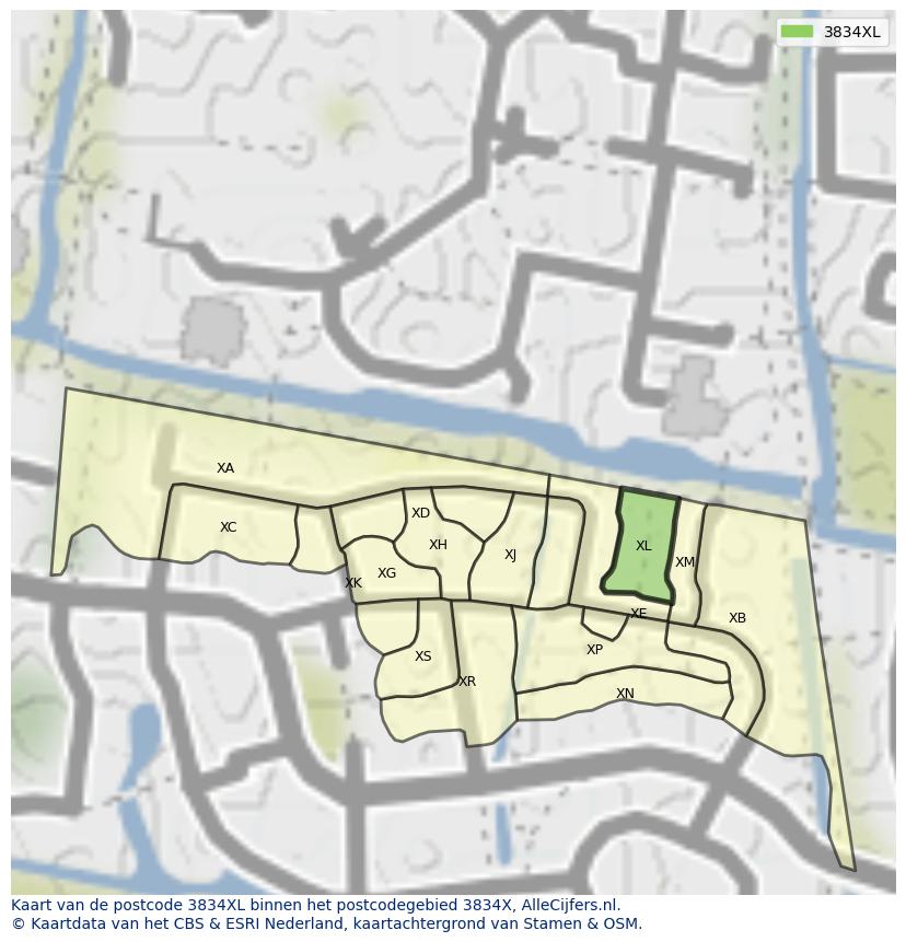Afbeelding van het postcodegebied 3834 XL op de kaart.