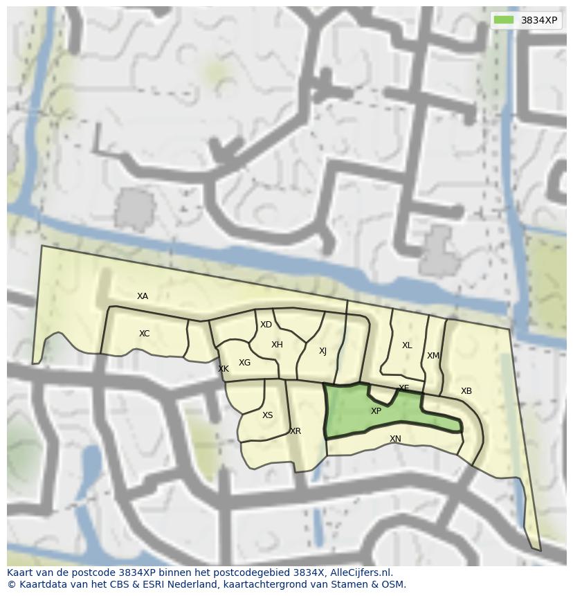 Afbeelding van het postcodegebied 3834 XP op de kaart.