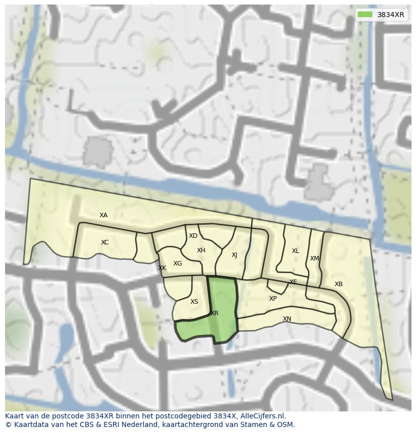 Afbeelding van het postcodegebied 3834 XR op de kaart.
