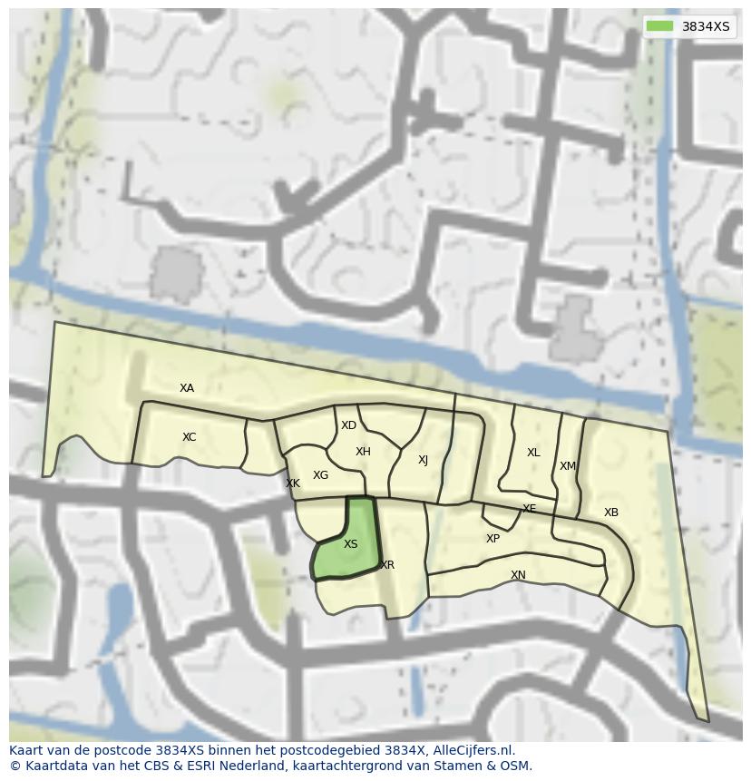 Afbeelding van het postcodegebied 3834 XS op de kaart.