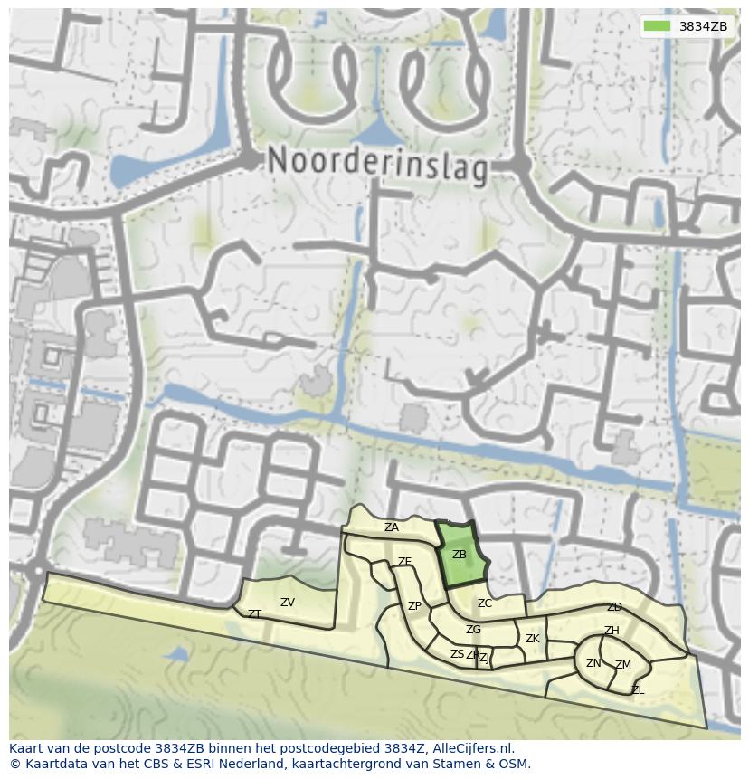 Afbeelding van het postcodegebied 3834 ZB op de kaart.
