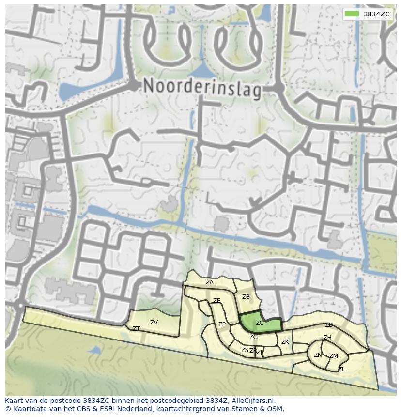 Afbeelding van het postcodegebied 3834 ZC op de kaart.