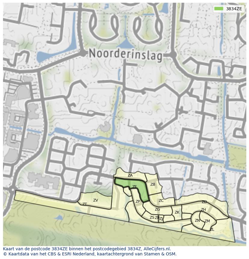 Afbeelding van het postcodegebied 3834 ZE op de kaart.