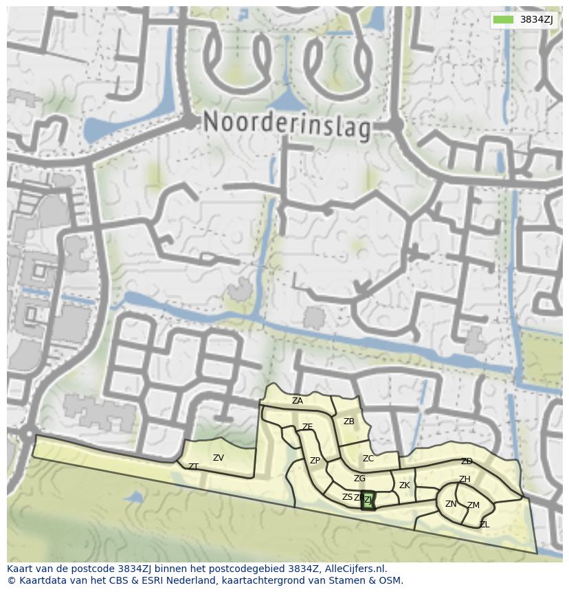 Afbeelding van het postcodegebied 3834 ZJ op de kaart.