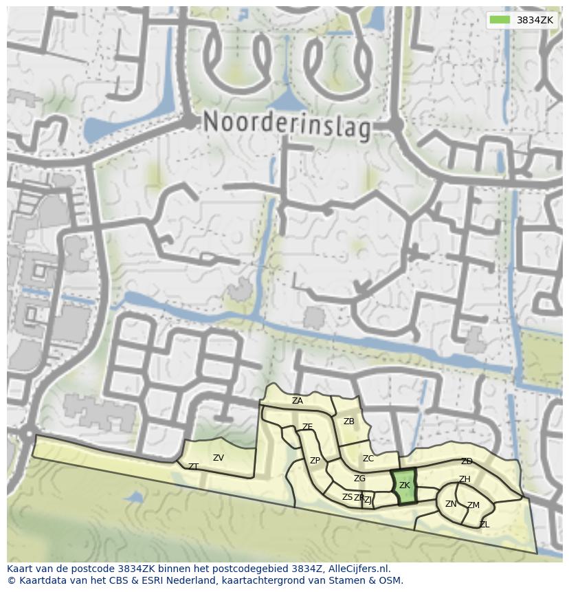 Afbeelding van het postcodegebied 3834 ZK op de kaart.