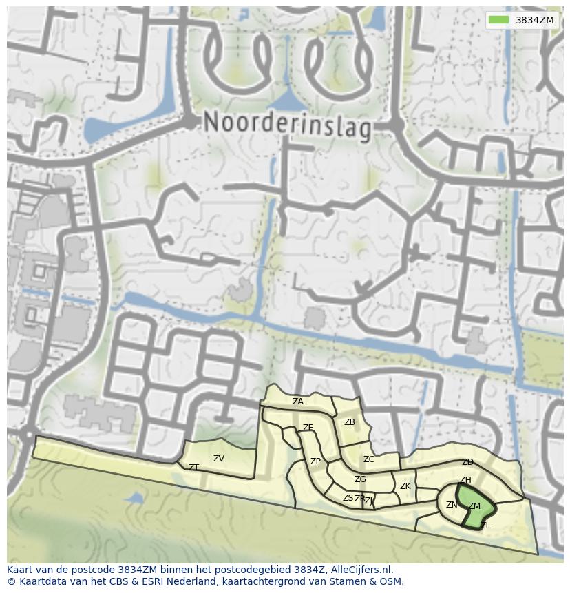 Afbeelding van het postcodegebied 3834 ZM op de kaart.