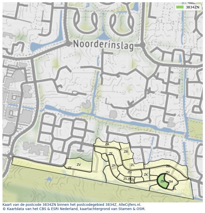 Afbeelding van het postcodegebied 3834 ZN op de kaart.