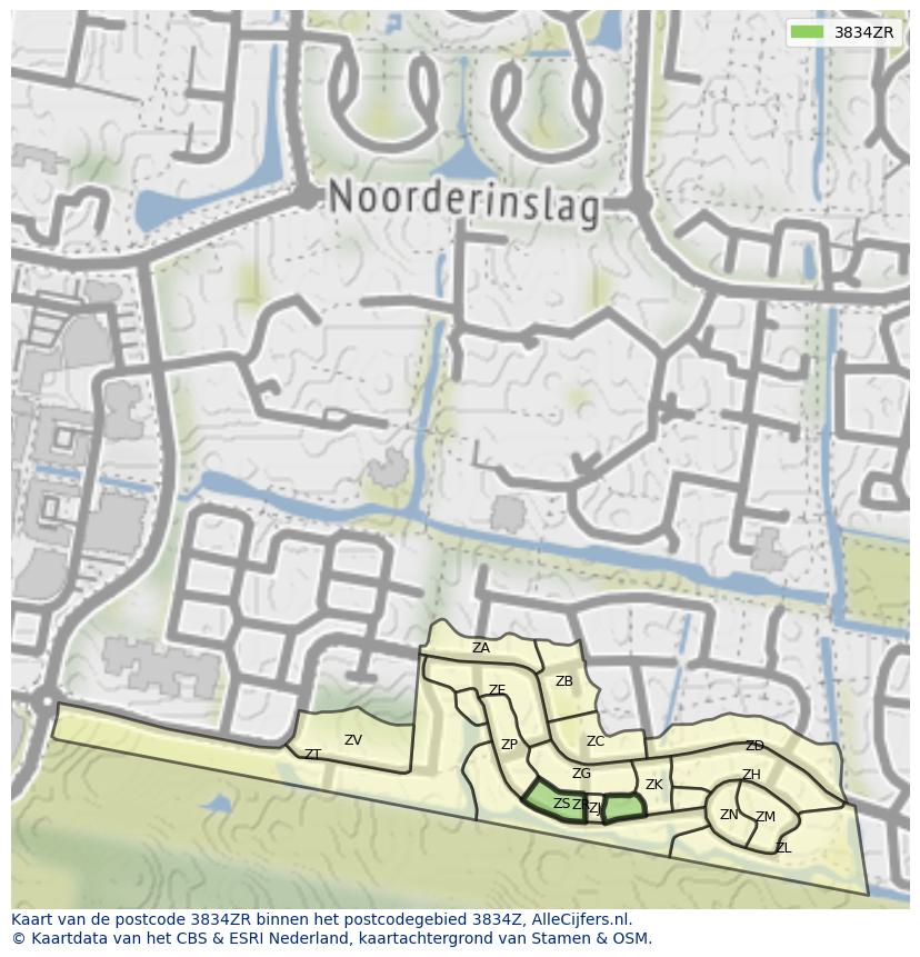 Afbeelding van het postcodegebied 3834 ZR op de kaart.