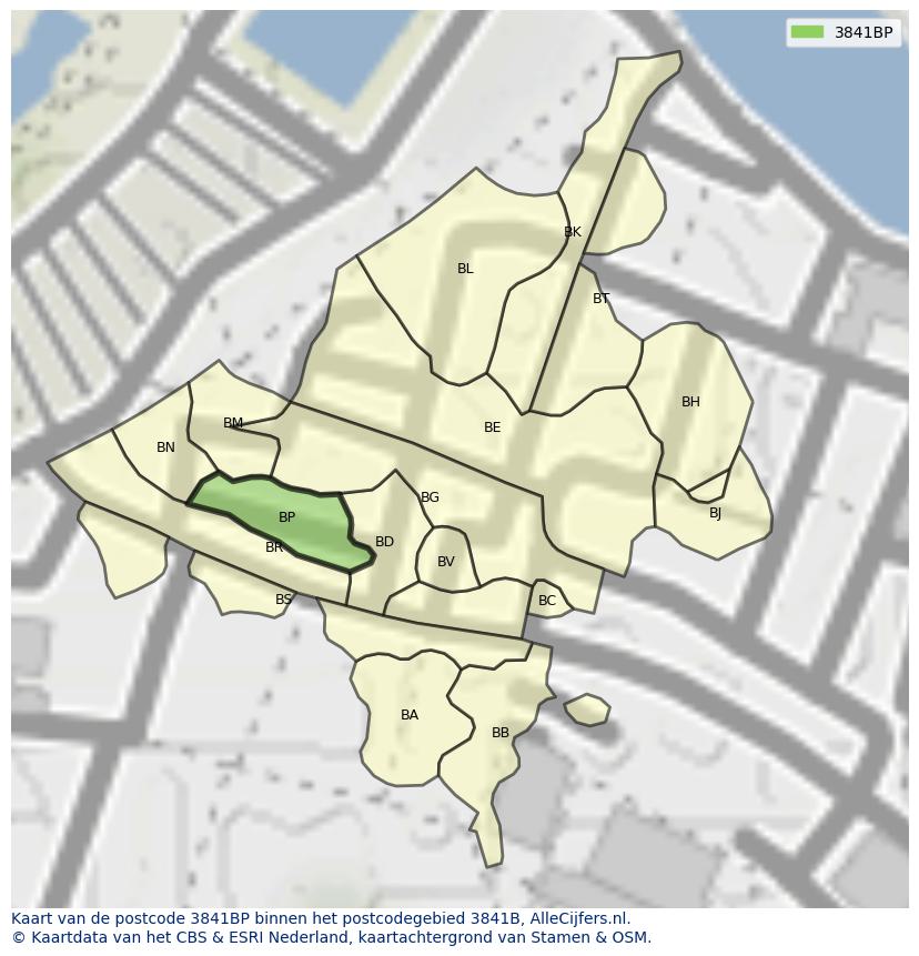 Afbeelding van het postcodegebied 3841 BP op de kaart.