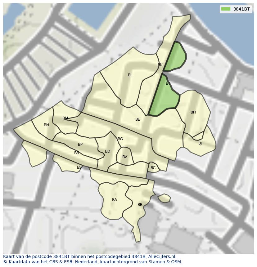 Afbeelding van het postcodegebied 3841 BT op de kaart.