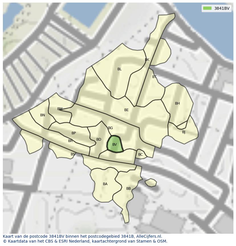 Afbeelding van het postcodegebied 3841 BV op de kaart.
