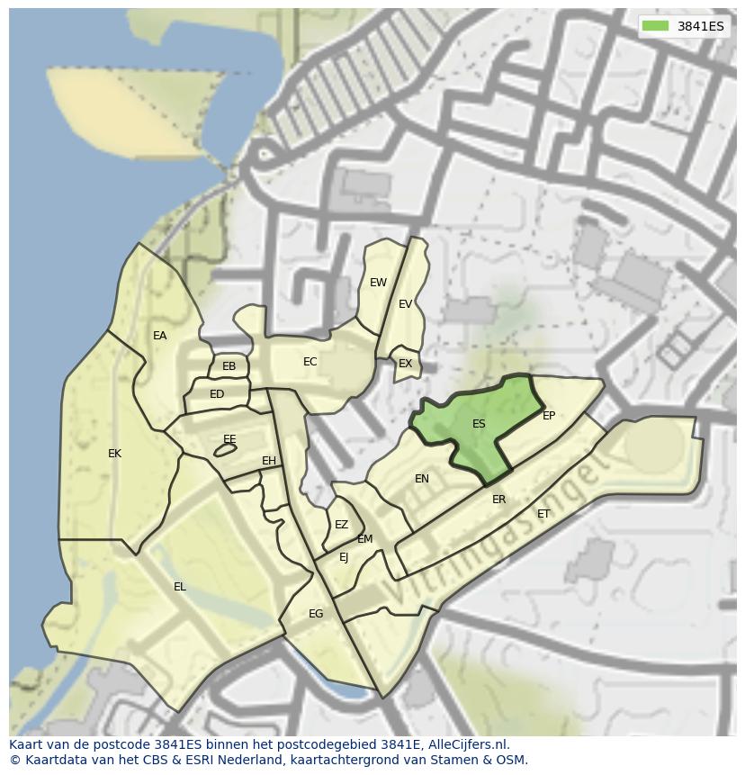 Afbeelding van het postcodegebied 3841 ES op de kaart.