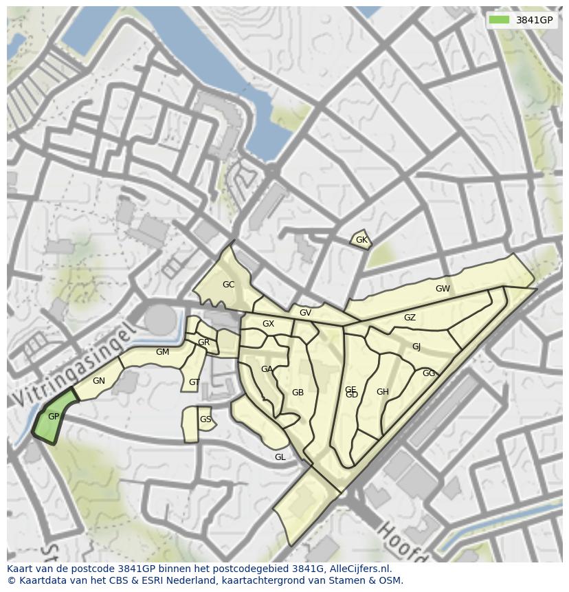 Afbeelding van het postcodegebied 3841 GP op de kaart.