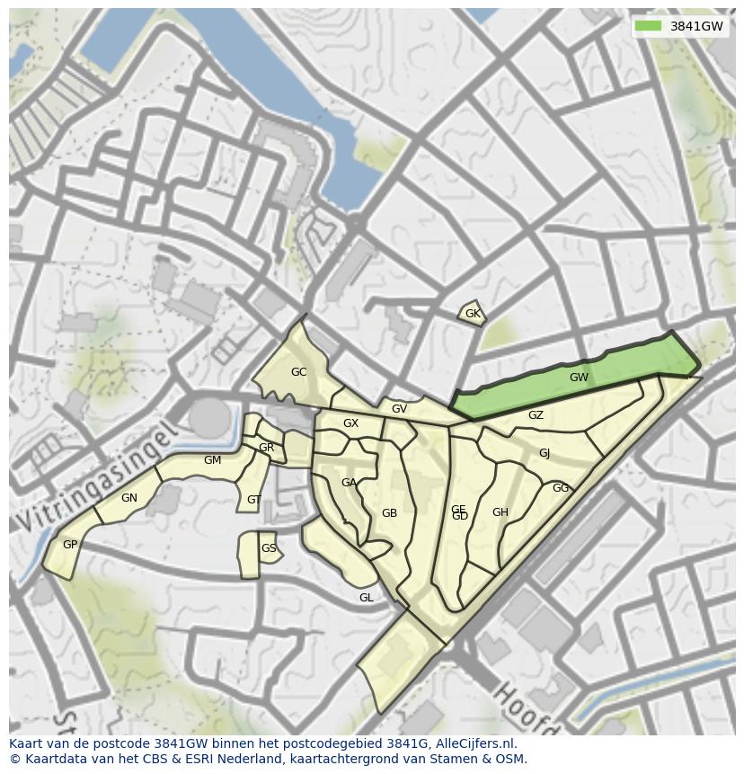 Afbeelding van het postcodegebied 3841 GW op de kaart.