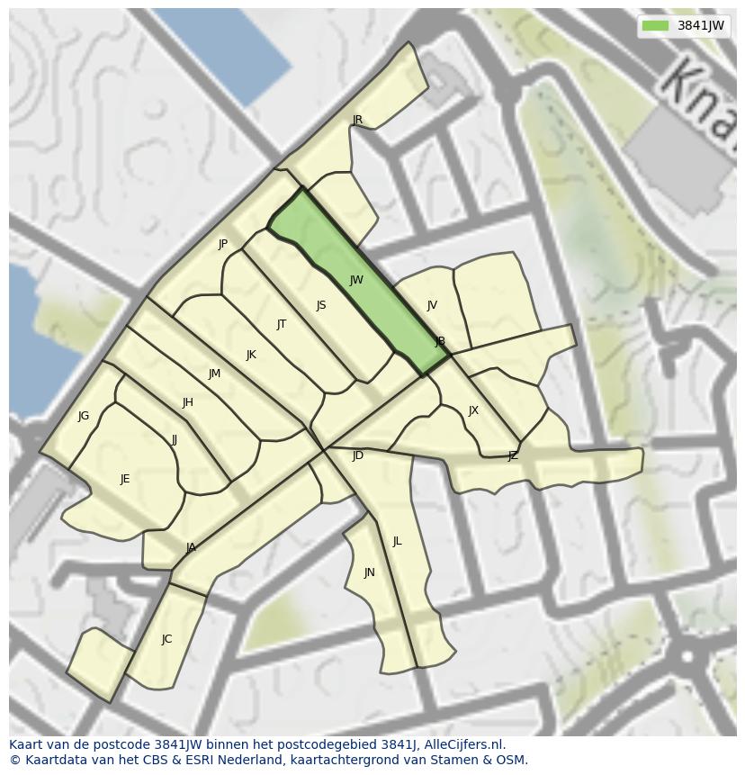 Afbeelding van het postcodegebied 3841 JW op de kaart.