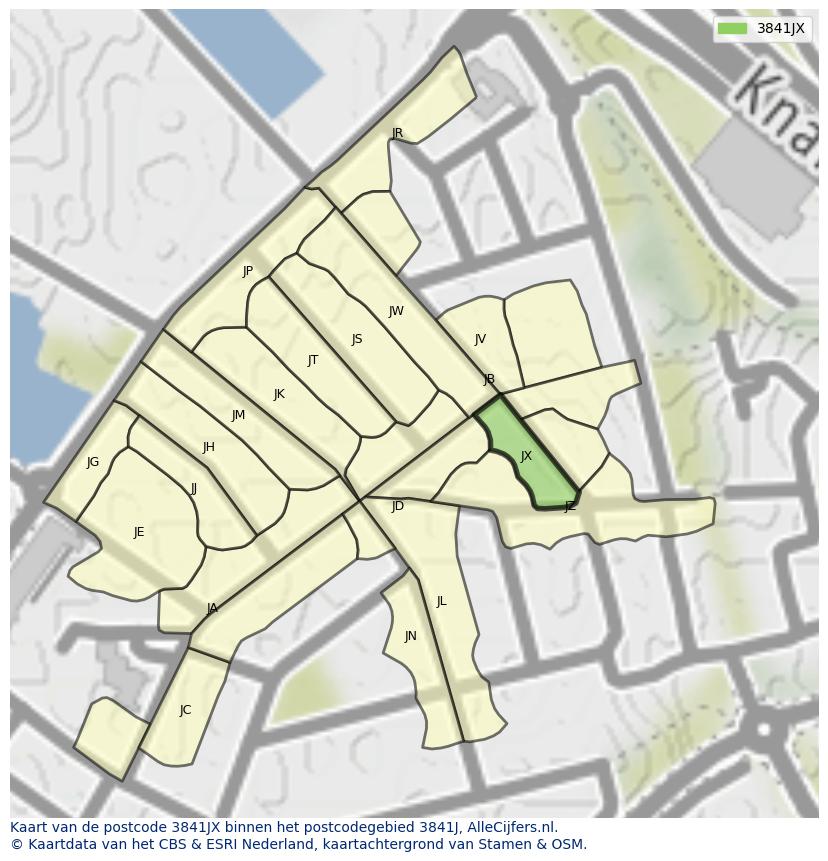 Afbeelding van het postcodegebied 3841 JX op de kaart.
