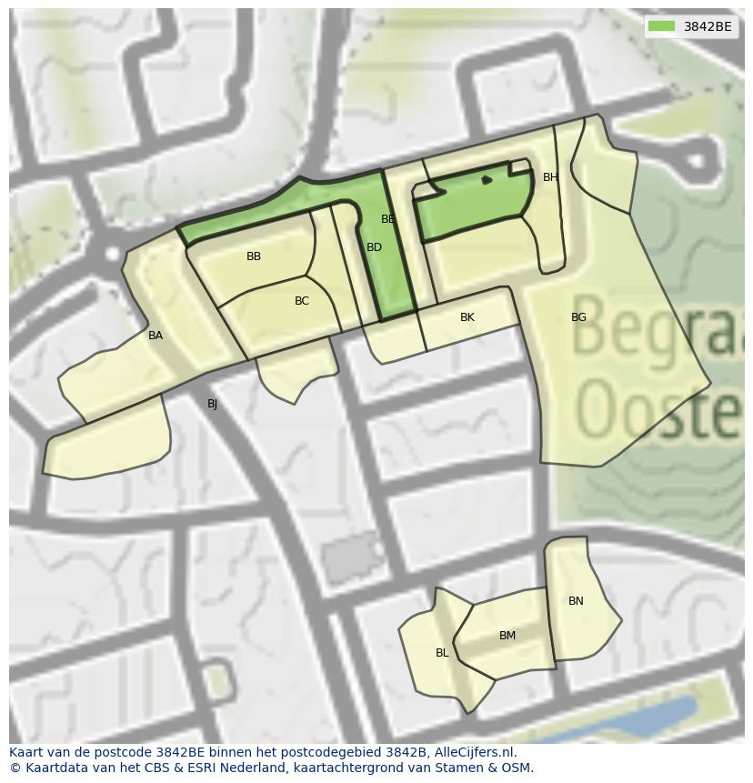 Afbeelding van het postcodegebied 3842 BE op de kaart.