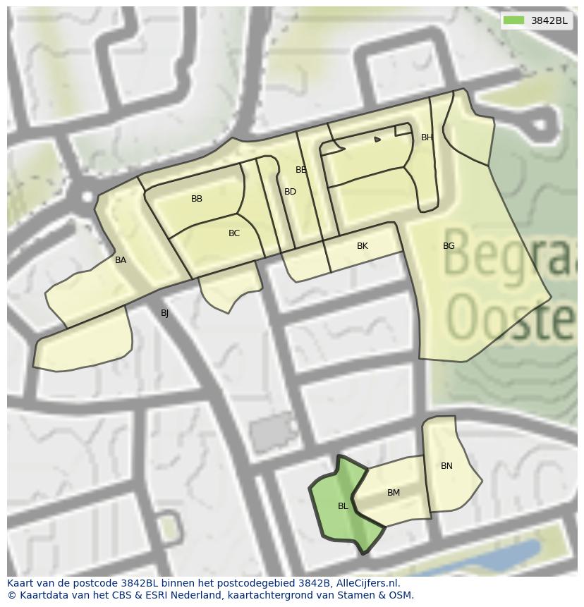 Afbeelding van het postcodegebied 3842 BL op de kaart.