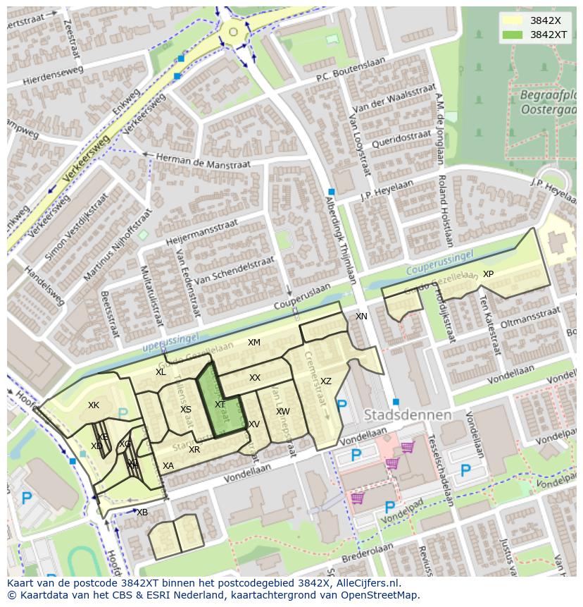 Afbeelding van het postcodegebied 3842 XT op de kaart.