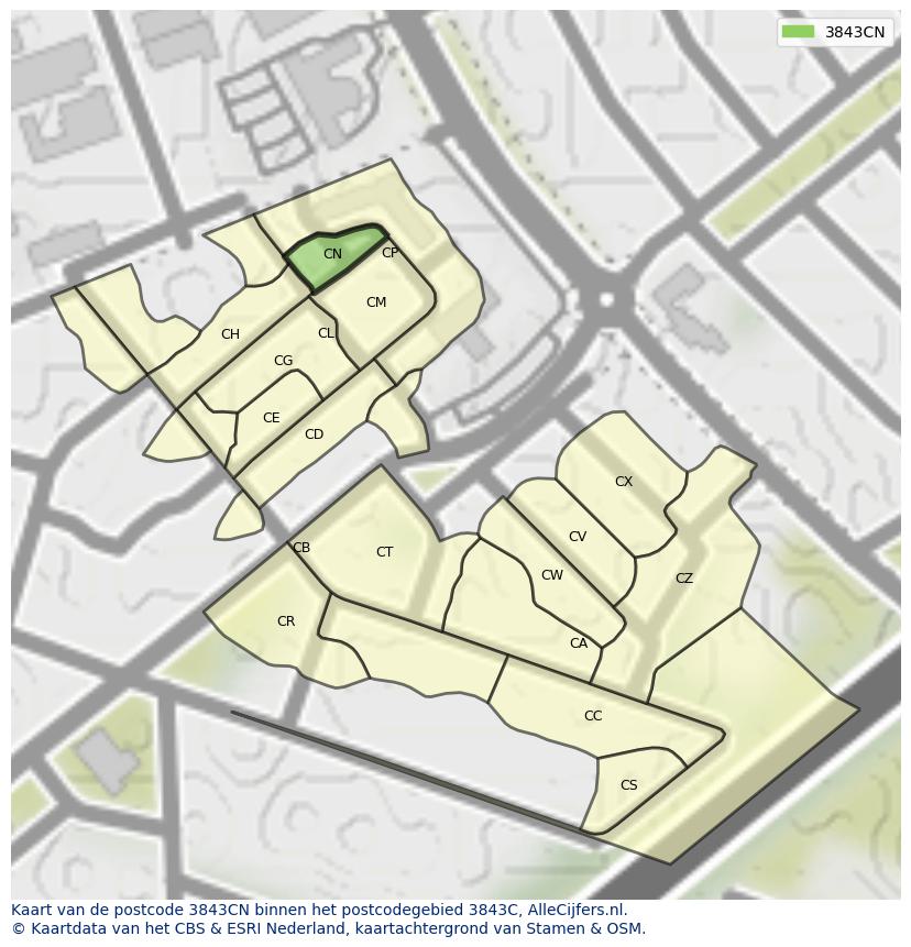 Afbeelding van het postcodegebied 3843 CN op de kaart.