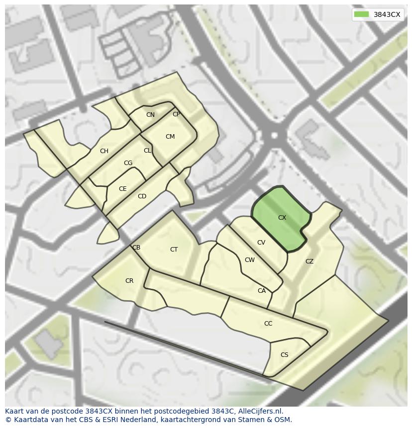 Afbeelding van het postcodegebied 3843 CX op de kaart.
