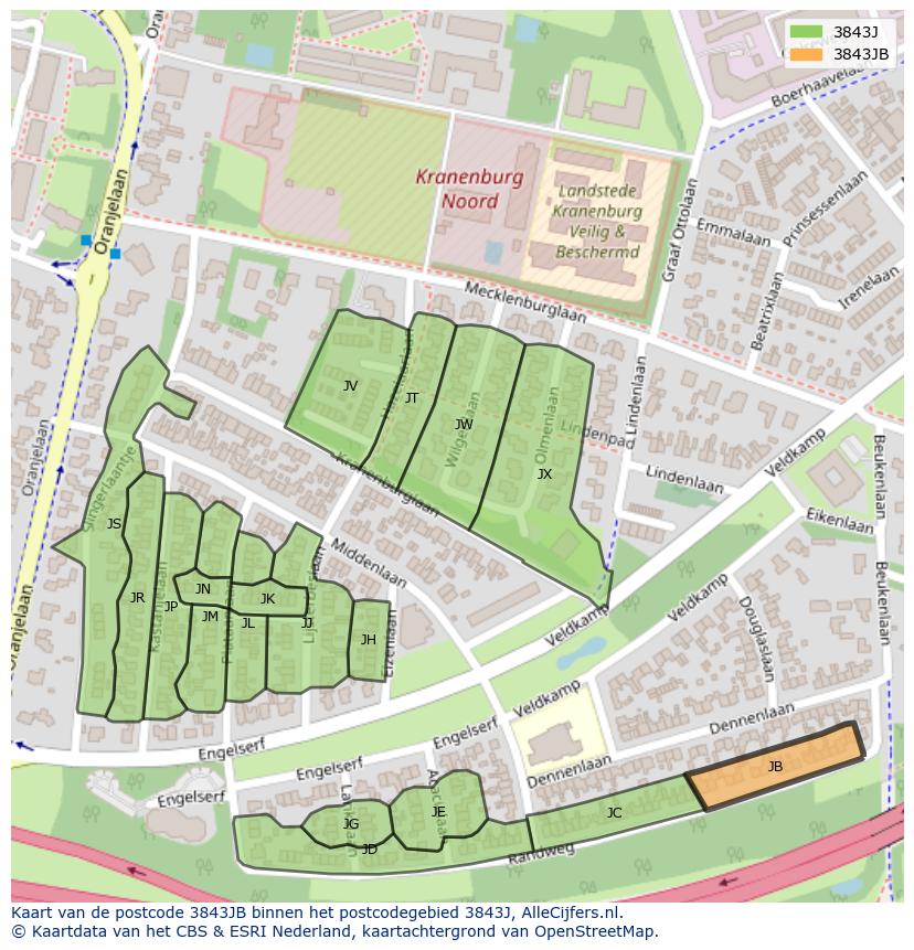 Afbeelding van het postcodegebied 3843 JB op de kaart.