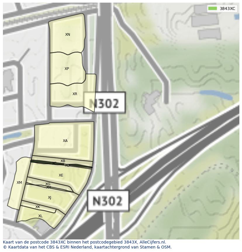 Afbeelding van het postcodegebied 3843 XC op de kaart.