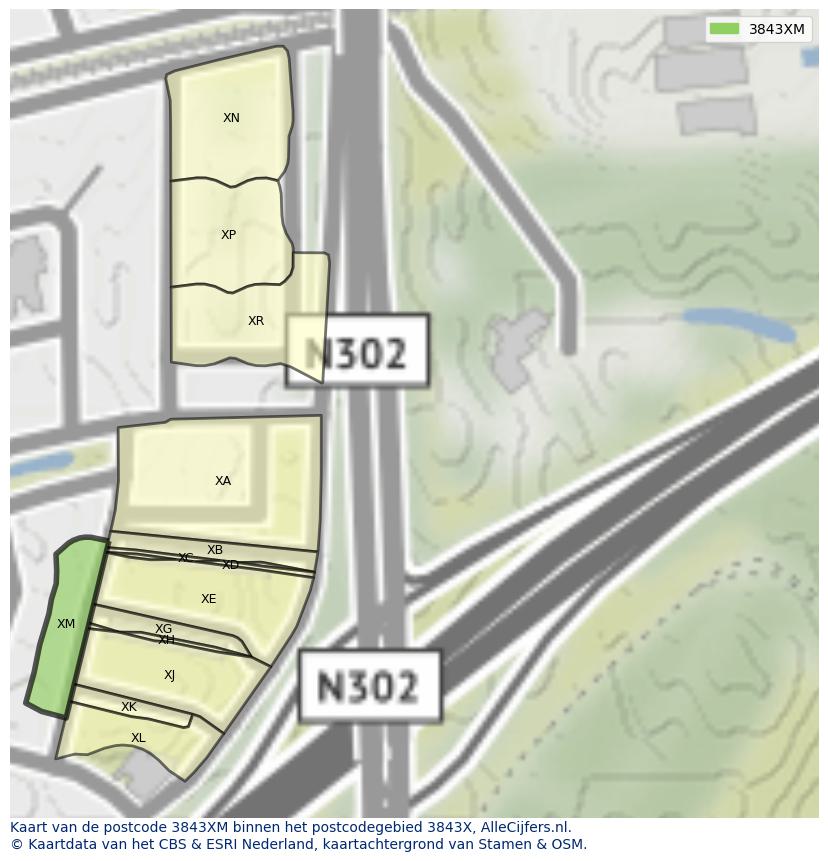 Afbeelding van het postcodegebied 3843 XM op de kaart.