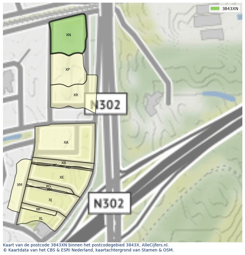 Afbeelding van het postcodegebied 3843 XN op de kaart.