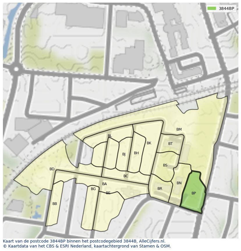 Afbeelding van het postcodegebied 3844 BP op de kaart.