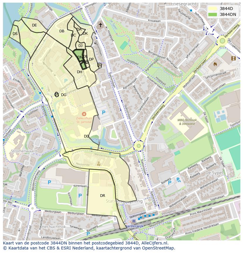 Afbeelding van het postcodegebied 3844 DN op de kaart.