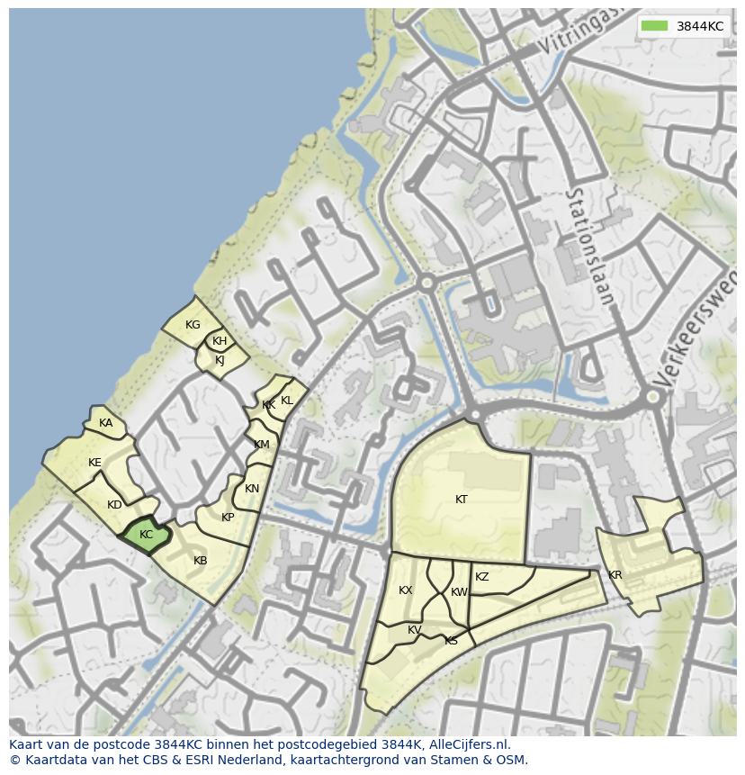 Afbeelding van het postcodegebied 3844 KC op de kaart.