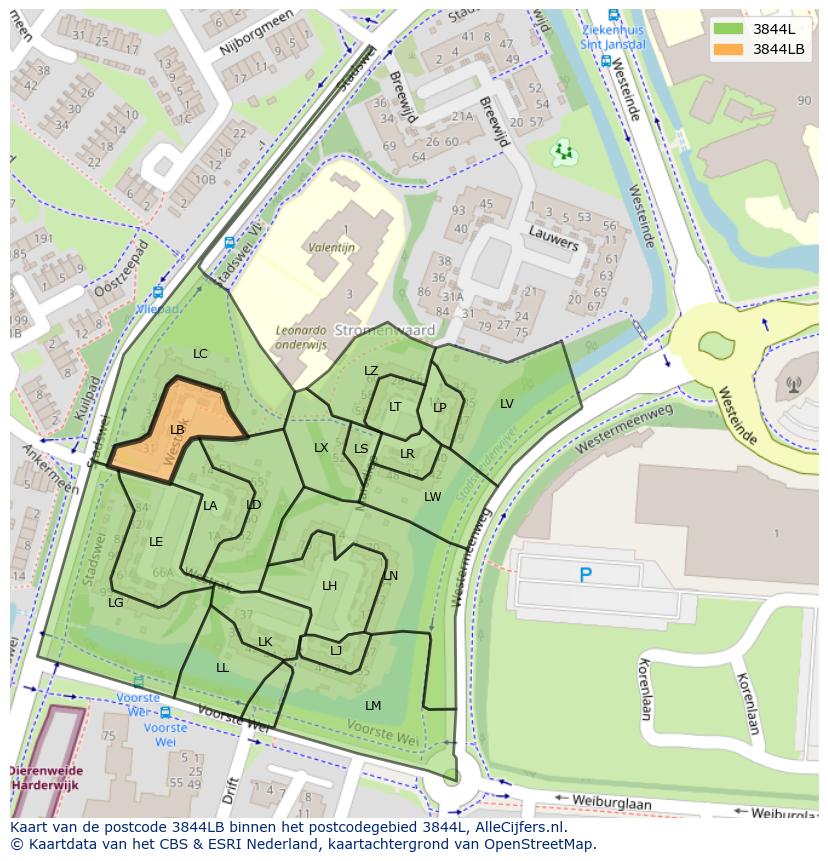 Afbeelding van het postcodegebied 3844 LB op de kaart.