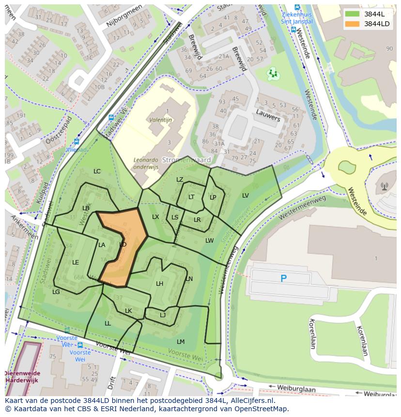 Afbeelding van het postcodegebied 3844 LD op de kaart.