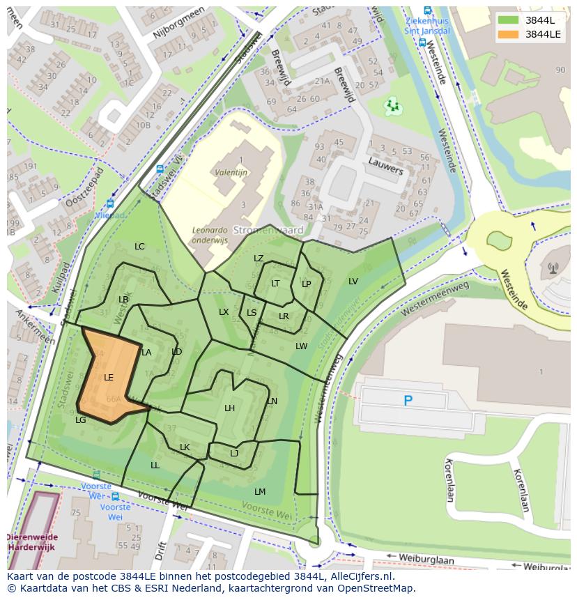 Afbeelding van het postcodegebied 3844 LE op de kaart.