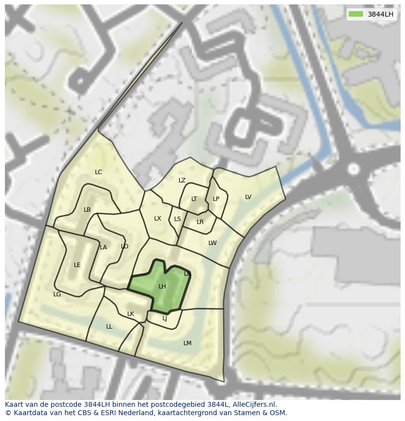 Afbeelding van het postcodegebied 3844 LH op de kaart.